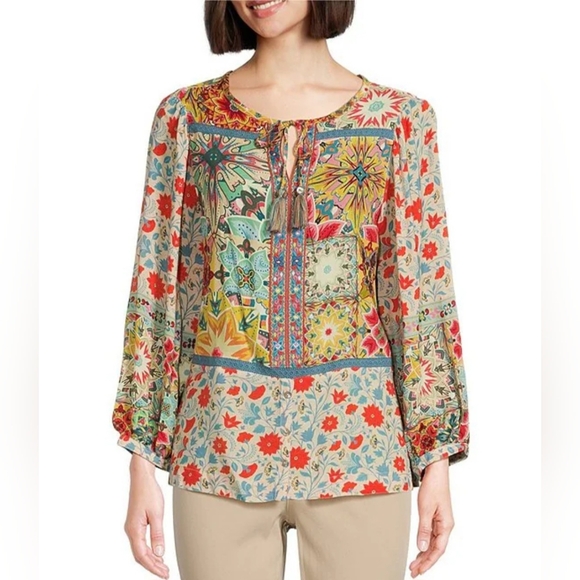 John MarkWoven Floral Print Split Neck 3/4 Cuffed  Tassel Tie Embroidered Tunic - Picture 8 of 10